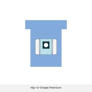 Hip surgical drape with circular fenestration in use