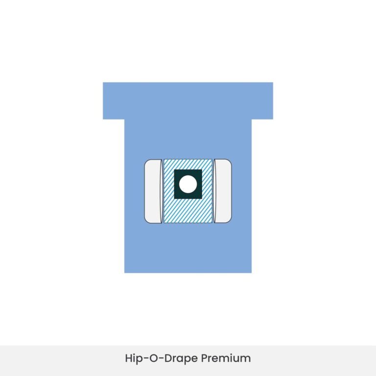 Hip surgical drape with circular fenestration in use